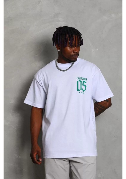 Unisex Oversize Baskılı Bisiklet Yaka T-Shirt - Beyaz modelleri