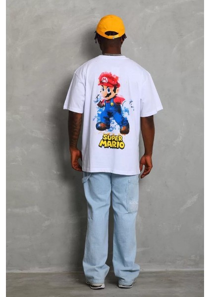 Unisex Oversize Baskılı Bisiklet Yaka T-Shirt - Beyaz fiyatları