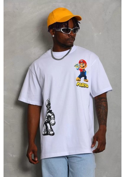 Unisex Oversize Baskılı Bisiklet Yaka T-Shirt - Beyaz modelleri