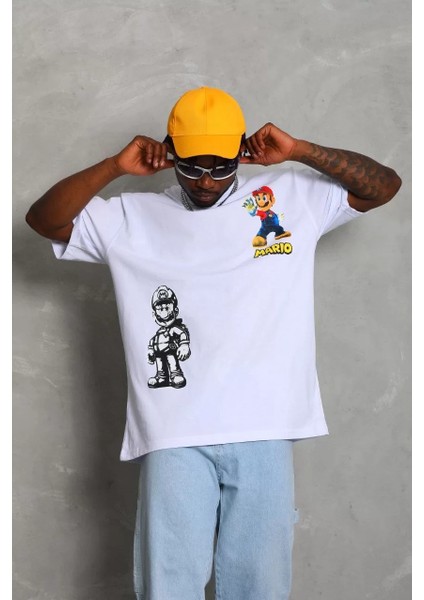 Unisex Oversize Baskılı Bisiklet Yaka T-Shirt - Beyaz fırsatları