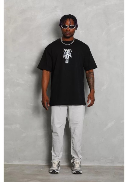 Unisex Oversize Baskılı Bisiklet Yaka T-Shirt - Siyah modelleri