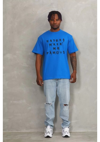 Unisex Oversize Baskılı Bisiklet Yaka T-Shirt - Mavi fırsatları