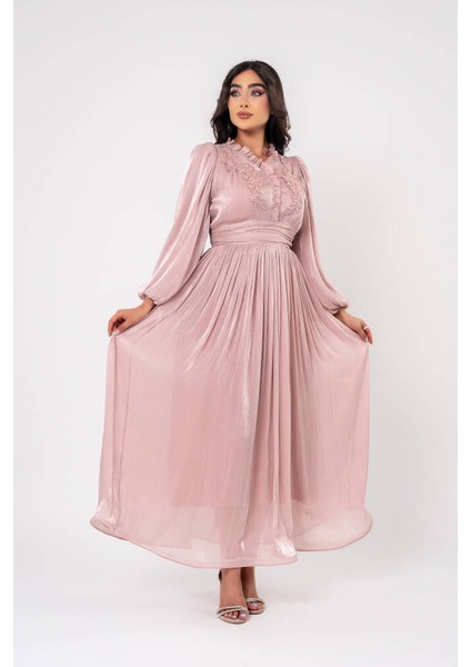 Boyundan Taş Işlemli Bel Detaylı Abiye Elbise ELB16091