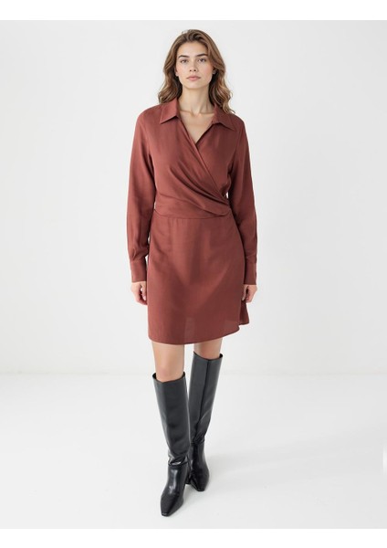 Açık Kahverengi Dar Kesim Anvelop Yaka Dokuma Mini Elbise