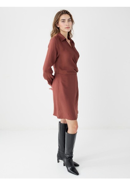 Açık Kahverengi Dar Kesim Anvelop Yaka Dokuma Mini Elbise modelleri