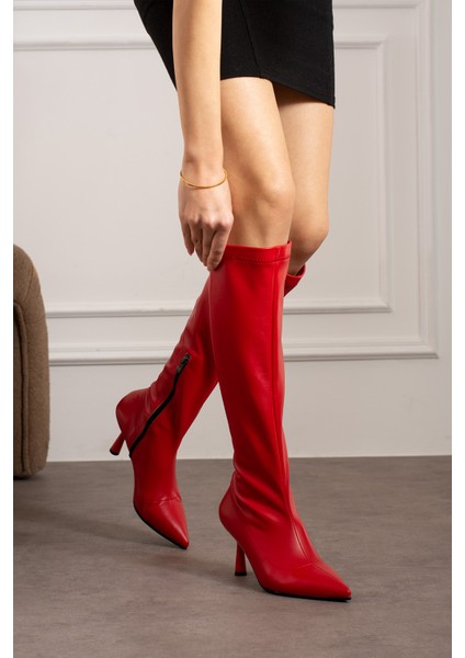 Cristina Kırmızı Lux Strech Sivri Burunlu Ince Topuklu Kadın Çizme modelleri