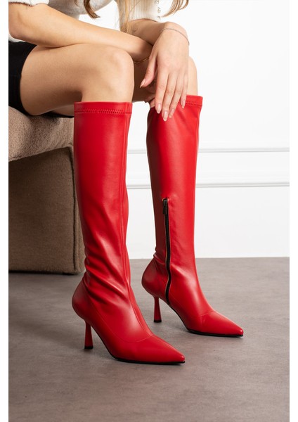Cristina Kırmızı Lux Strech Sivri Burunlu Ince Topuklu Kadın Çizme fırsatları