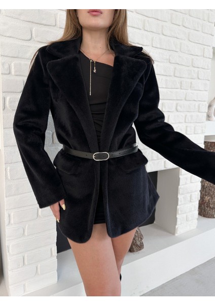 Kadın Siyah Kemer Detaylı Kapaklı Cepli Klasik Yaka Yumuşak Dokulu Şık Fox Ceket fırsatları