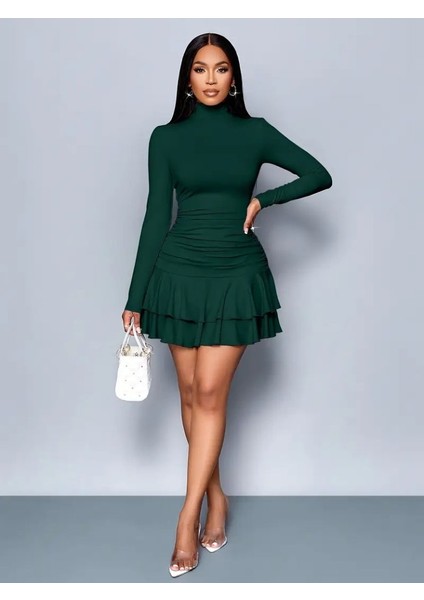 Kadın Uzun Kollu Balıkçı Yaka Mini Fırfırlı Sandy Elbise