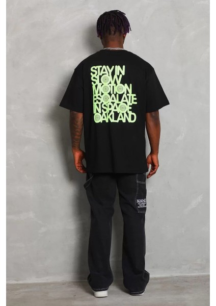 Unisex Oversize Baskılı Bisiklet Yaka T-Shirt - Siyah indirimleri