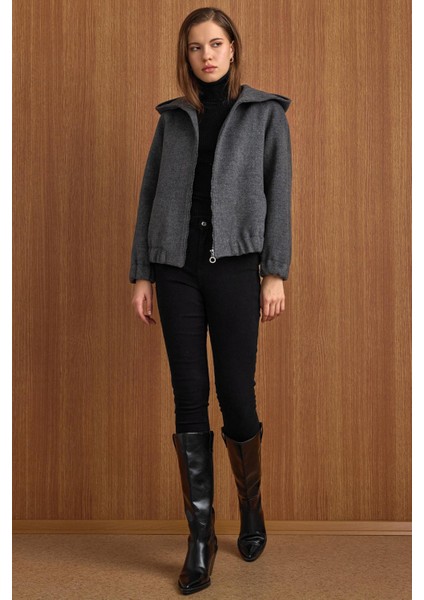 Kapüşonlu Beli Lastikli Oversize Kısa Kaban KOYU GRİ 3162