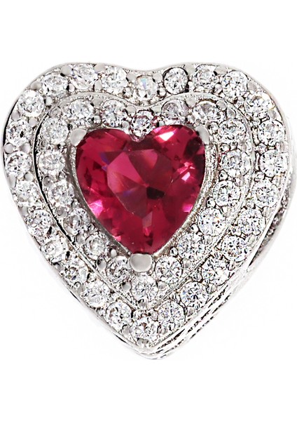 Kadın Kırmızı Kalp Detay Taşlı Gümüş Charm