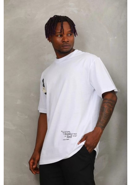 Unisex Oversize Baskılı Bisiklet Yaka T-Shirt - Beyaz fiyatları