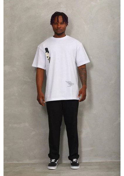 Unisex Oversize Baskılı Bisiklet Yaka T-Shirt - Beyaz fırsatları