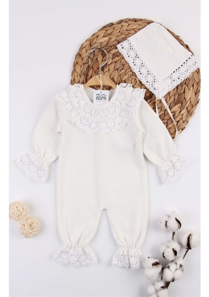 Dantelli Kız Bebek Tulumu Şapkalı Hastane Çıkışı Dantel İşlemeli Hediyelik Mevlüt Kıyafeti