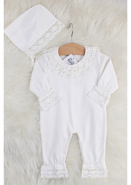 Dantelli Kız Bebek Tulumu Şapkalı Hastane Çıkışı Dantel İşlemeli Hediyelik Mevlüt Kıyafeti