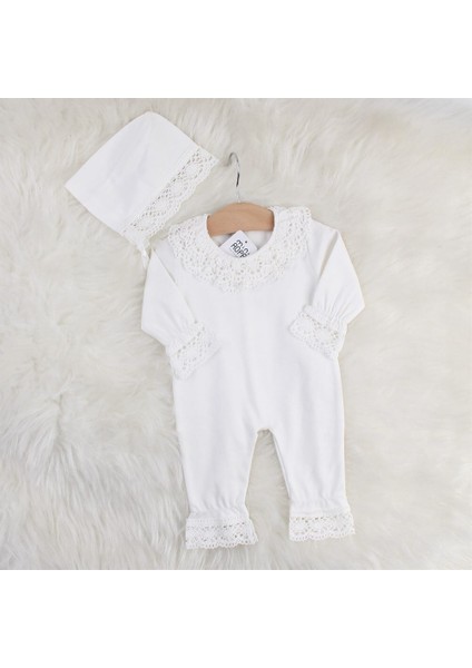 Dantelli Kız Bebek Tulumu Şapkalı Hastane Çıkışı Dantel İşlemeli Hediyelik Mevlüt Kıyafeti