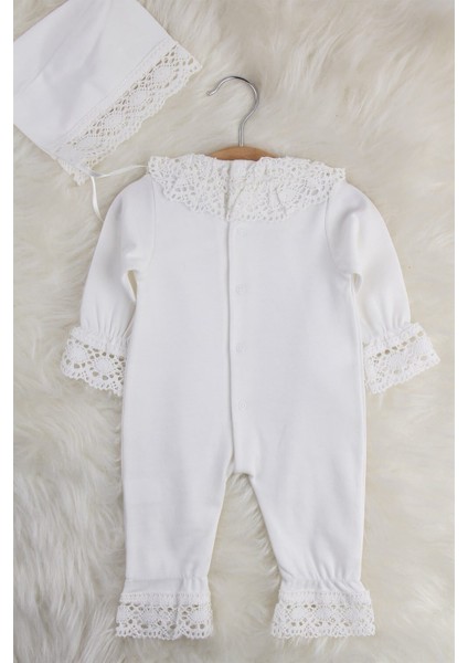 Dantelli Kız Bebek Tulumu Şapkalı Hastane Çıkışı Dantel İşlemeli Hediyelik Mevlüt Kıyafeti