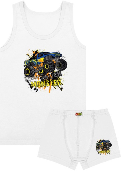 Erkek Çocuk Atlet Boxer Likralı Beyaz Traktör (%96 Pamuk - %4 Elastan)