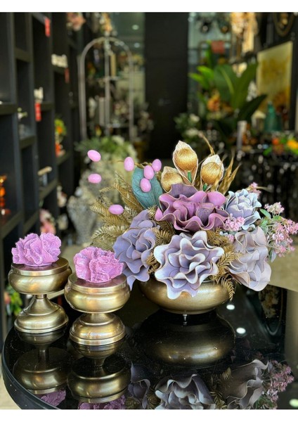 Yapay Çiçekli Antik Yassı Vazo 3 Parça Set No:4