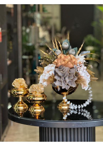 Yapay Çiçekli Gold Yuvarlak Vazo 3 Parça Set No:7