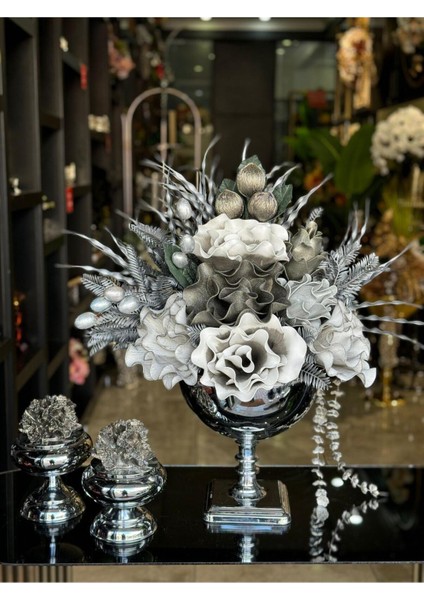 Yapay Çiçekli Gümüş Kare Ayak Vazo 3 Parça Set No:2