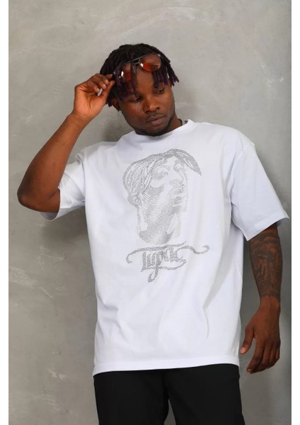 Unisex Oversize Taşlı Bisiklet Yaka T-Shirt - Beyaz fırsatları