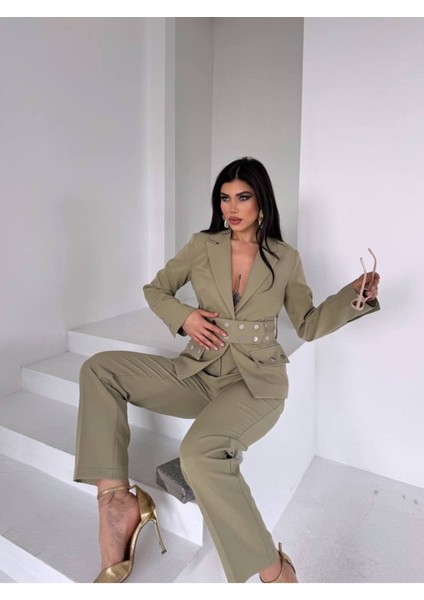 Kadın Zımba Kemer Detaylı Çıtçıtlı Cekete Palazzo Pantolon Şık Takım Elbise indirimleri