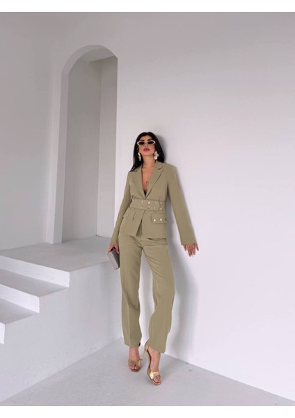 Kadın Zımba Kemer Detaylı Çıtçıtlı Cekete Palazzo Pantolon Şık Takım Elbise