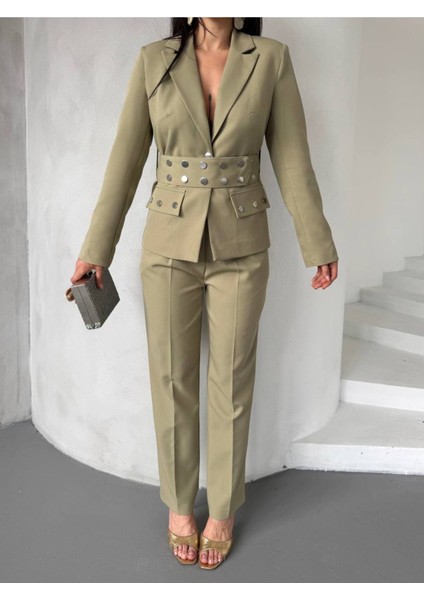 Kadın Zımba Kemer Detaylı Çıtçıtlı Cekete Palazzo Pantolon Şık Takım Elbise