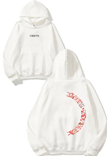Çember Motif Tasarım Baskılı Oversize Beyaz Kapüşonlu Sweatshirt
