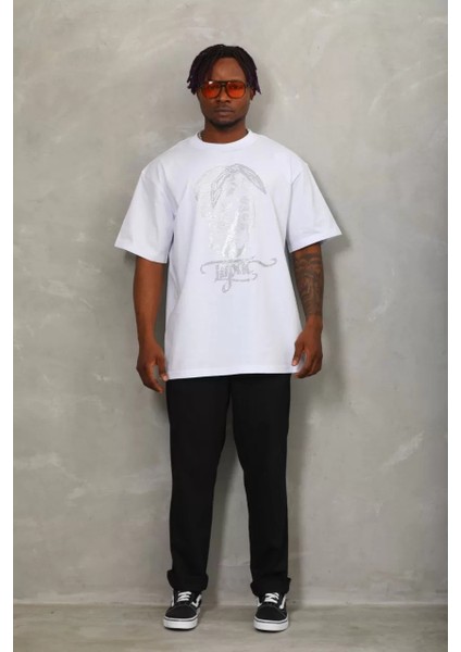 Unisex Oversize Taşlı Bisiklet Yaka T-Shirt - Beyaz indirimleri