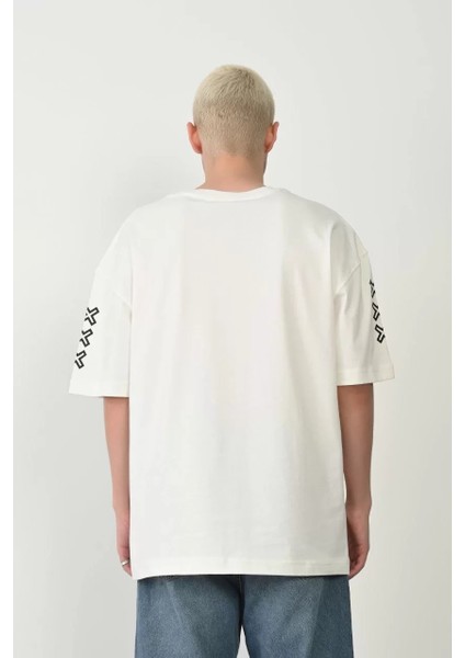 Unisex Baskılı Bisiklet Yaka Oversize T-Shirt - Beyaz fiyatları