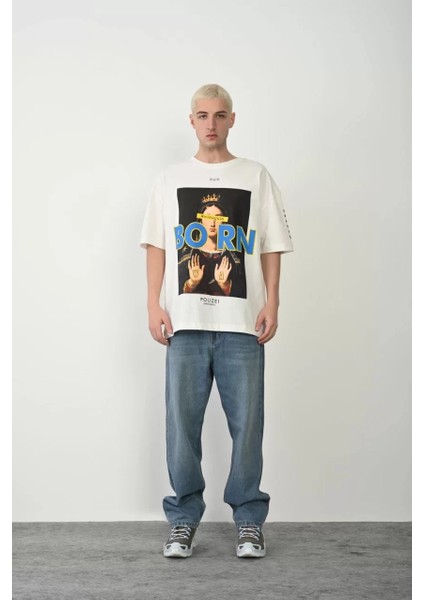 Unisex Baskılı Bisiklet Yaka Oversize T-Shirt - Beyaz modelleri