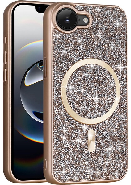 iPhone 16E Kılıf Pırlanta Tasarımlı M-Safe Şarj Özellikli Mrsa Mozaik Silikon Kapak - Titanyum-Gri