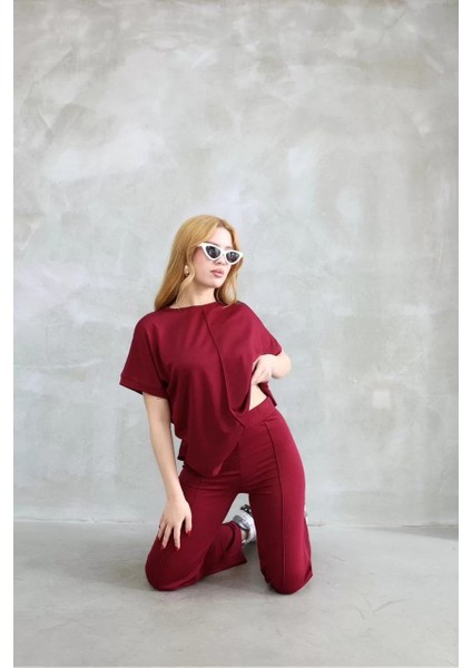 Osy Modal Yumuşak Dokulu Kumaş Bisiklet Yaka Kısa Kollu Takım - Bordo modelleri