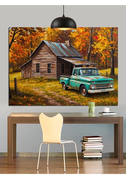 Orman Evi Yeşil Kamyonet Dekoratif Kanvas - Mdf Ahşap Tablo