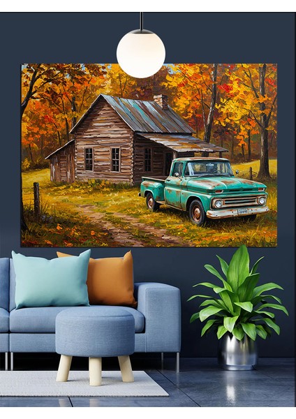 Orman Evi Yeşil Kamyonet Dekoratif Kanvas - Mdf Ahşap Tablo fiyatları