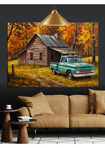 Orman Evi Yeşil Kamyonet Dekoratif Kanvas - Mdf Ahşap Tablo modelleri
