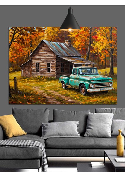 Orman Evi Yeşil Kamyonet Dekoratif Kanvas - Mdf Ahşap Tablo fırsatları