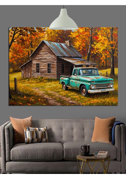 Orman Evi Yeşil Kamyonet Dekoratif Kanvas - Mdf Ahşap Tablo indirimleri