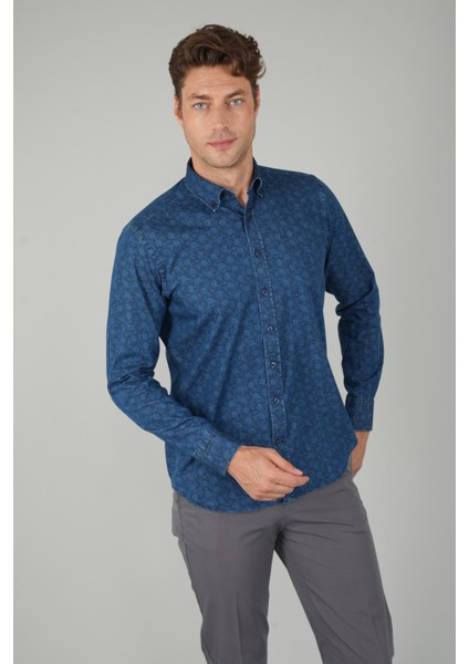 Uzun Kollu Lacivert Denim Desenli Erkek Gömlek GMJEAN252170_D39