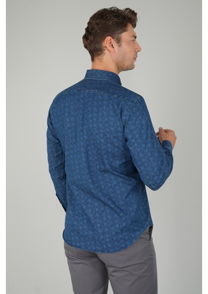 Uzun Kollu Lacivert Denim Desenli Erkek Gömlek GMJEAN252170_D39 fiyatları