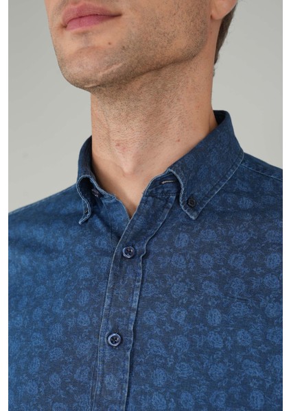 Uzun Kollu Lacivert Denim Desenli Erkek Gömlek GMJEAN252170_D39 modelleri