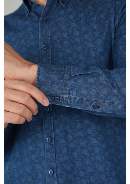 Uzun Kollu Lacivert Denim Desenli Erkek Gömlek GMJEAN252170_D39 fırsatları