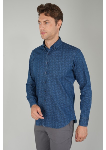 Uzun Kollu Lacivert Denim Desenli Erkek Gömlek GMJEAN252170_D39 indirimleri
