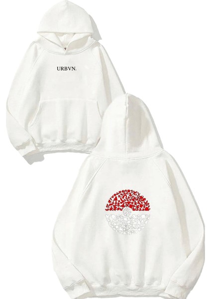 Pokemon Ball Tasarım Baskılı Oversize Beyaz Kapüşonlu Sweatshirt