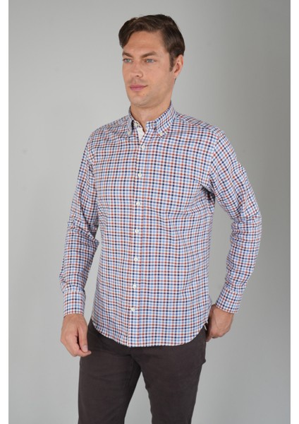 Uzun Kollu Kareli Regular Fit Erkek Pamuk Gömlek Kiremit GMEKS252083_E26