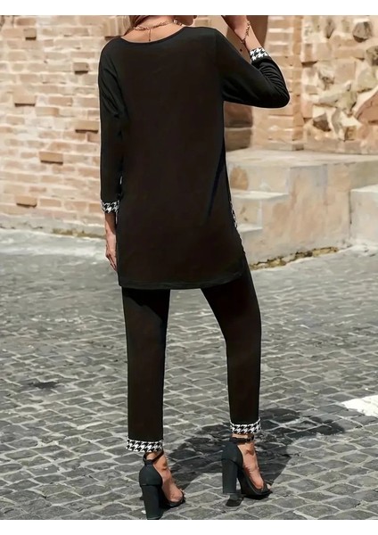 Mdb Kadın Uzun Kollu Yuvarlak Yakalı Kaz Ayağı Detaylı Viskon Iki Iplik Bluz ve Pantolon Ikili Takım modelleri
