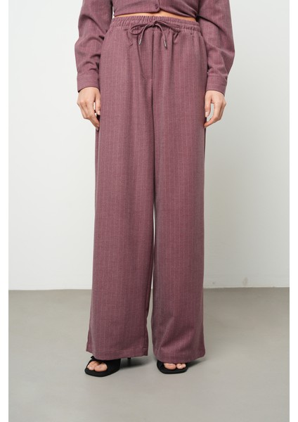 Kadın Bol Paça Beli Lastikli Çizgili Desenli Pantolon
